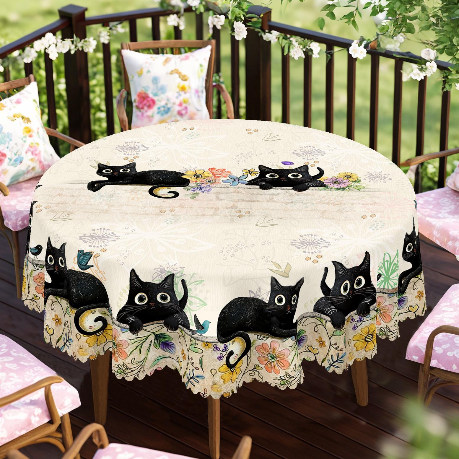 

1 Piece Spring Round And Rectangular Tablecloth, Available In Various Sizes, Decorative Tablecloth With Elegant Cat Print Pattern Design, Courtyard Ta Round (152)Cm