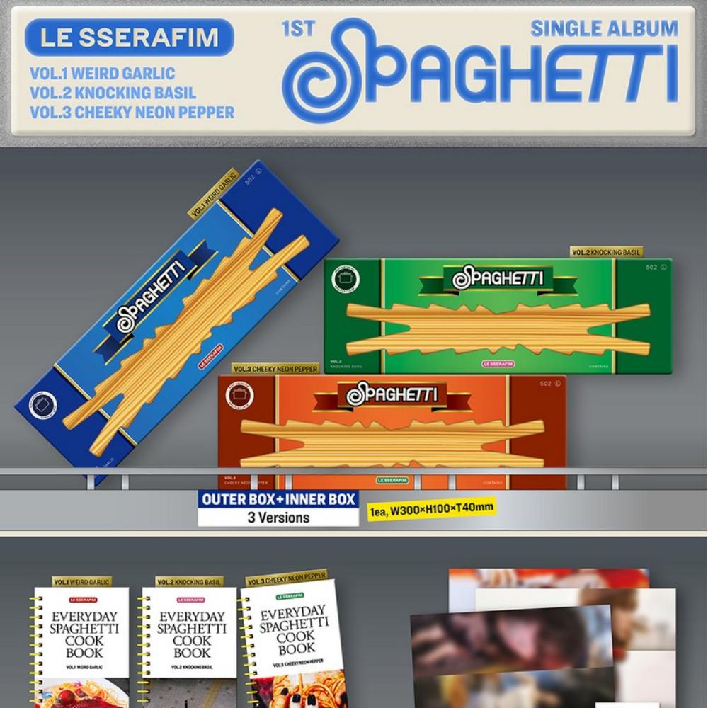 Le Sserafim 1st Single Album SPAGHETTI Standard Edition, Photobook, Lyric Sheet, Postcard, Stickers, Folded Poster