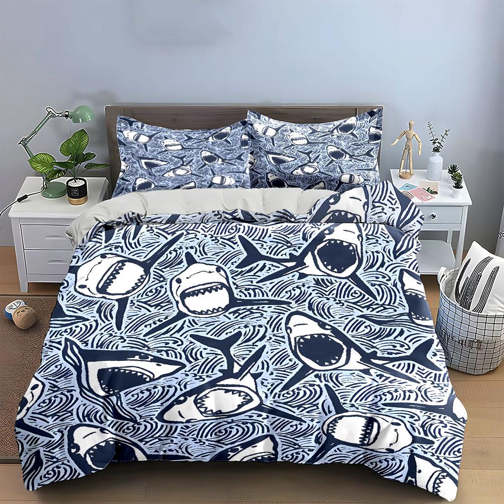 Shark Print Decor Set Bedding Set with 1 Duvet Cover 2 Pillowcases Single Double King Queen Gift