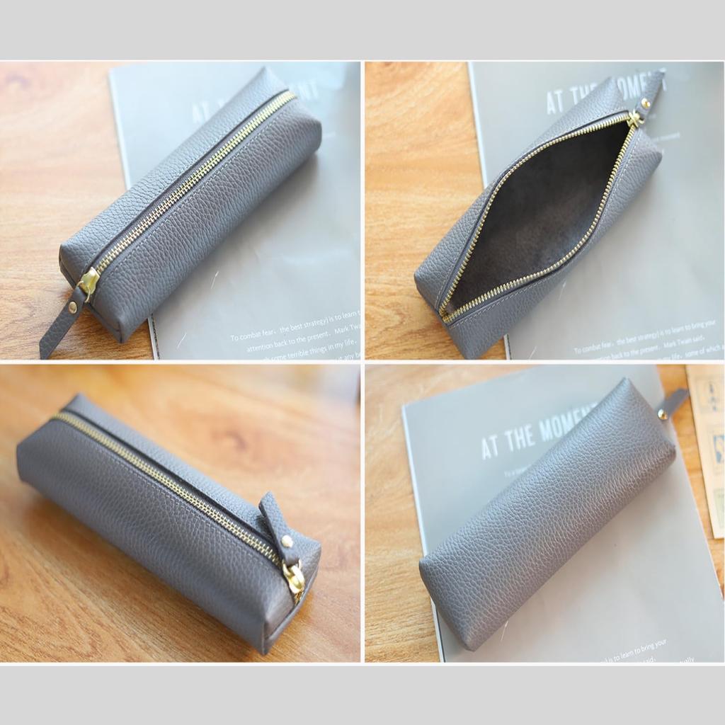 Welltude Leather Pencil Case, Thin, Lightweight, Slim, Compact, for Men and Women, Simple Design, Suitable for Business and Students (Black)