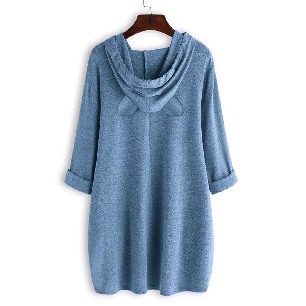 Women Casual Print Cat Ear Hooded Long Sleeves Pocket Top Blouse Shirt
