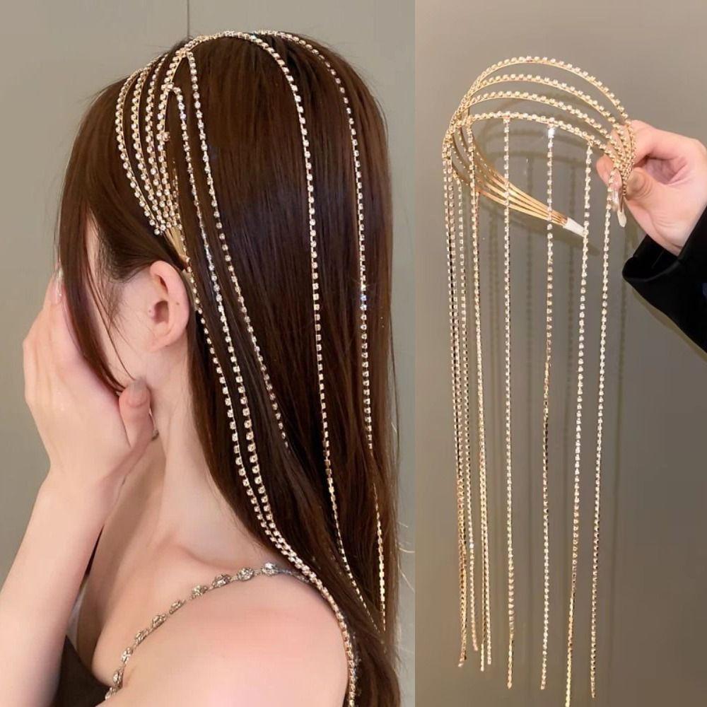 Exaggerated Design Rhinestones Tassel Headband Luxury Shiny Hair Accessories Daily Wear