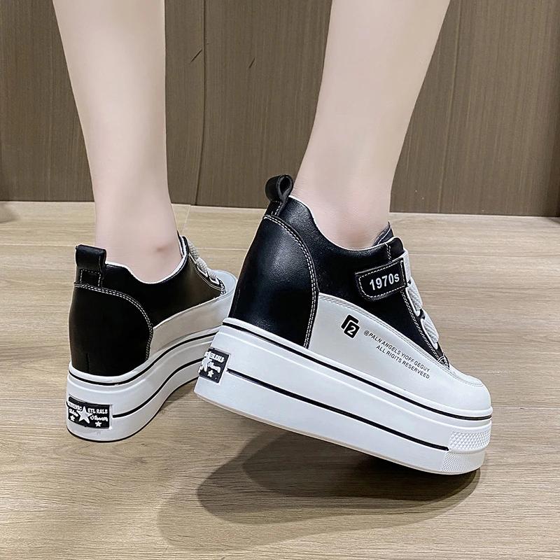 Fashion Women Breathable Sneakers Increased Platform Shoes 8cm Casual Footwear Leisure Leather White Shoes Women's Vulcanize Shoes