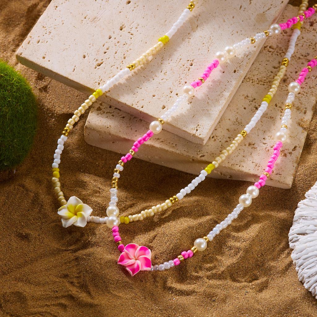 Frangipani Seed Bead Imitation Pearl Necklace Beach Bohemian Vacation Style Flower Necklace Fashion Trend Versatile