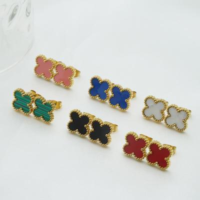 13MM Titanium Steel Non-Fading 18K Plated Four-Leaf Clover Stud Earrings