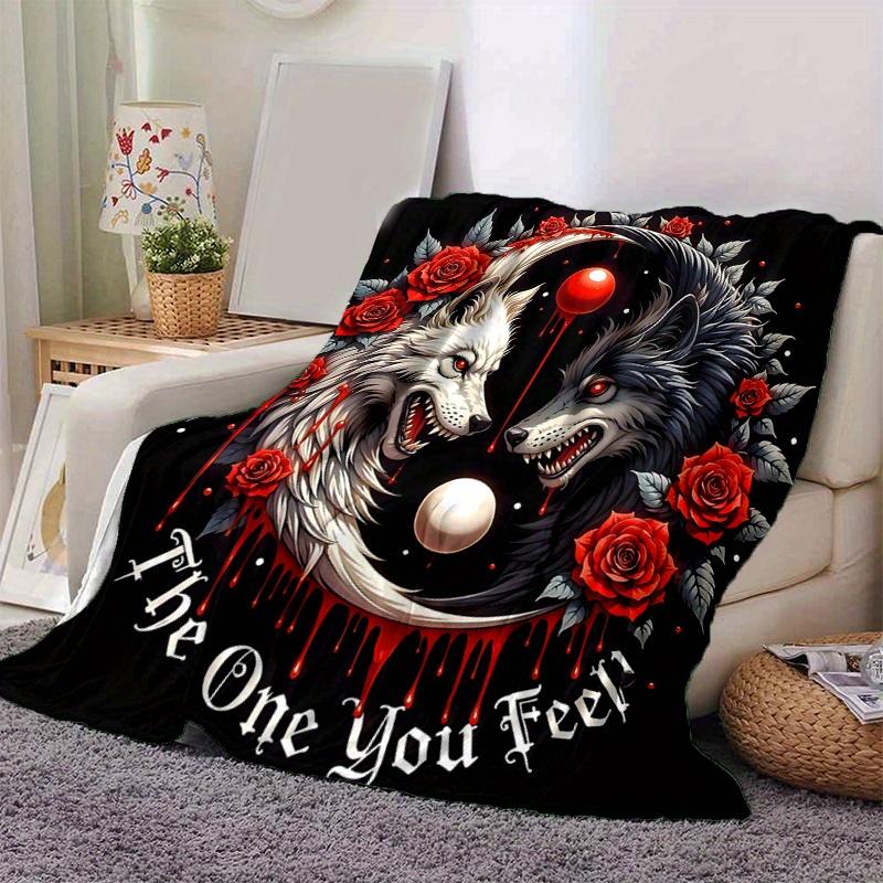 

1pc Yin Yang of Wolves Amidst Red Roses Blanket Seasonal Universal Home Decorative for Room, Living Room, Travel, Camping 80x120cm