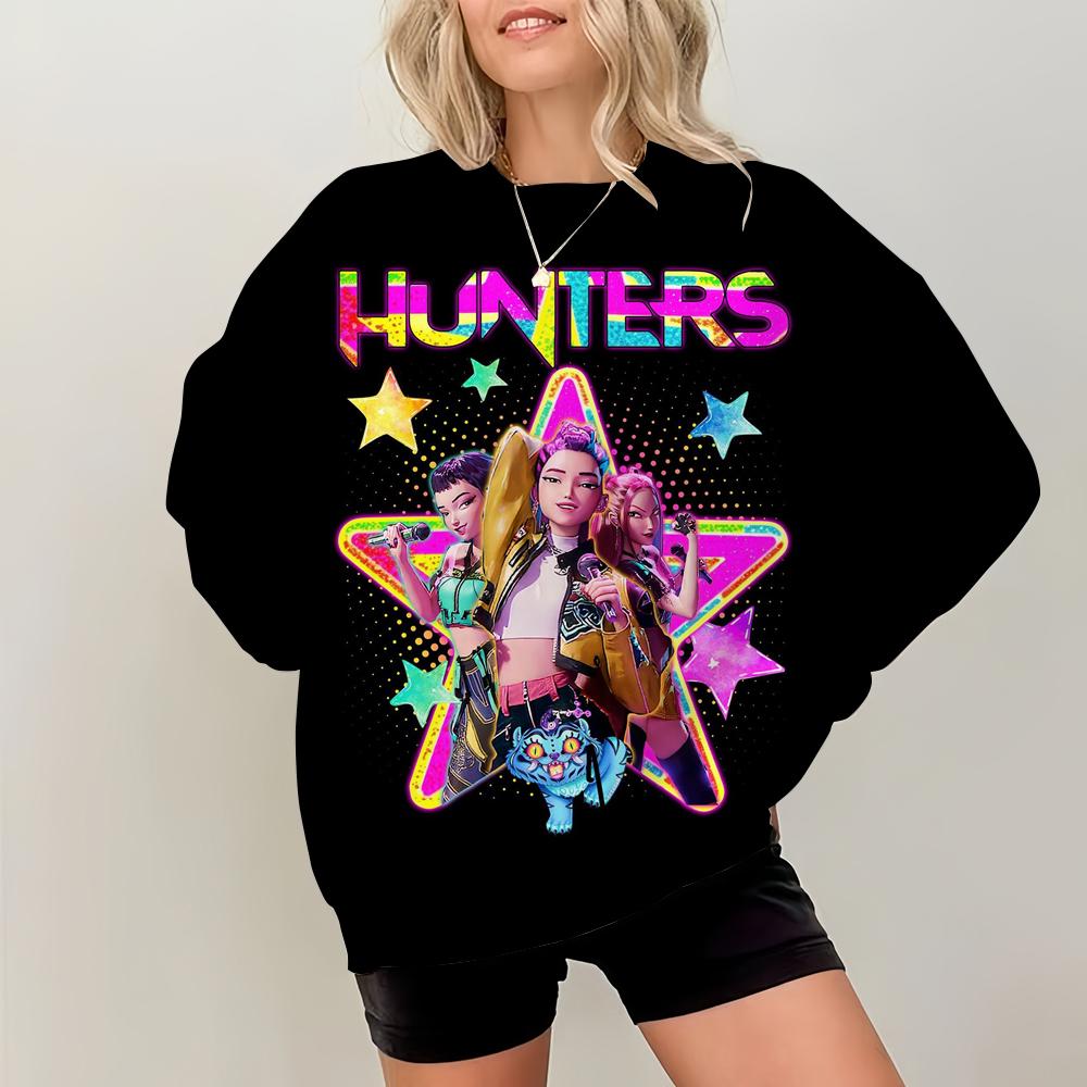 Simple Womens Pullovers KPop Demon Hunters Print Loose Sweatshirts Soft Female Clothing
