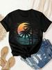Sonnenuntergang Kokospalme Bedrucktes Wounisex T-Shirt, Sommer Wounisex Modisches, Lässiges, Bequemes, Weiches, Sport- und Fitness-Tägliches Outdoor Atmungsaktives