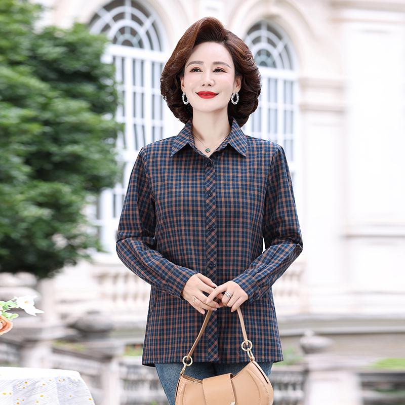 

2026 Women s Spring/Fall Loose Cotton Plaid Lapel Shirt for Middle-aged & Elderly - Long Sleeve XL (85-100 jin)