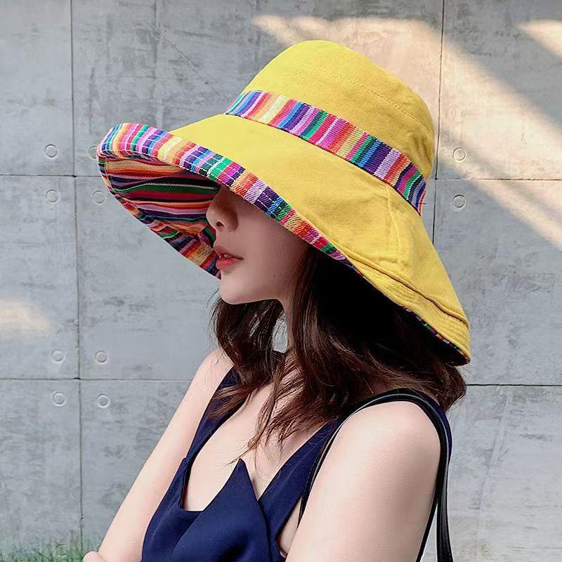 Hat women's summer big edge double-sided sunshade bucket hat Korean version versatile ethnic style travel sun protection Cap