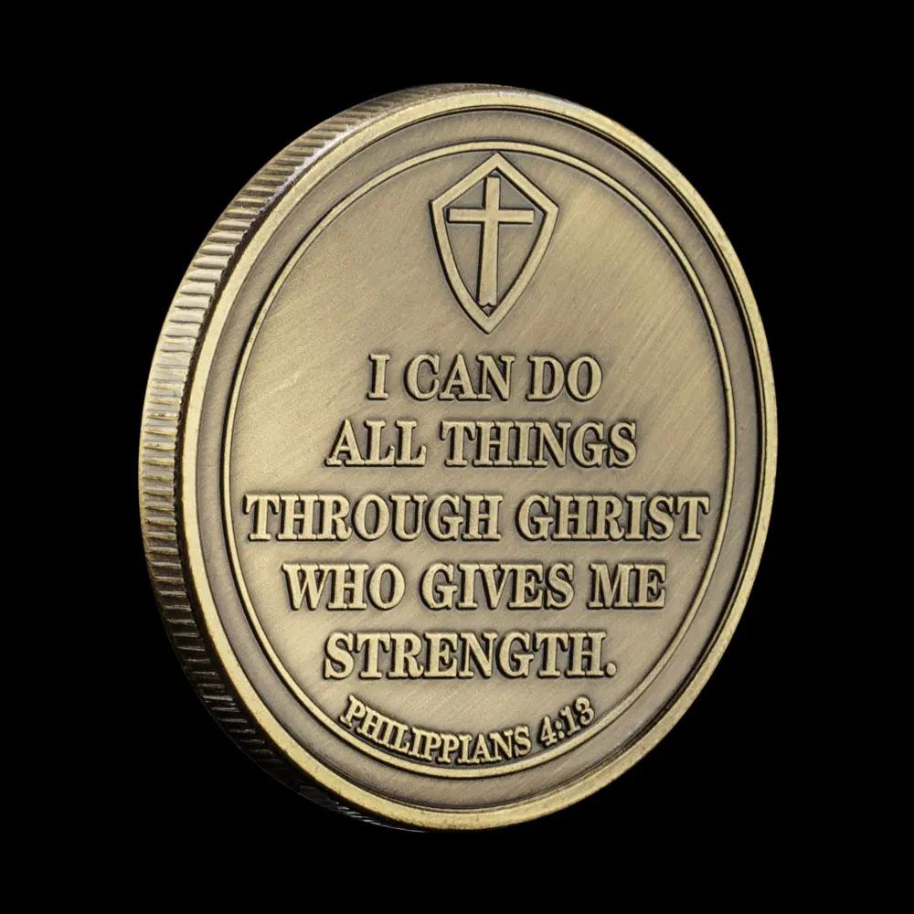 Ich vermag alles durch den, der mich mächtig macht. Antik bronzierte Challenge-Münzen mit einem knienden Tempelritter und Philipper 4:15 Ehrenmünze