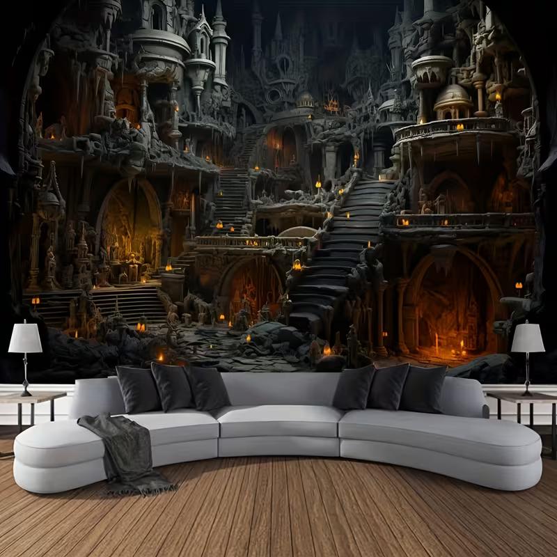 2D Dark Fantasy Underground Castle Tapestry, Gothic Ruins & Dim Light Print Wall Art for Home & Dorm