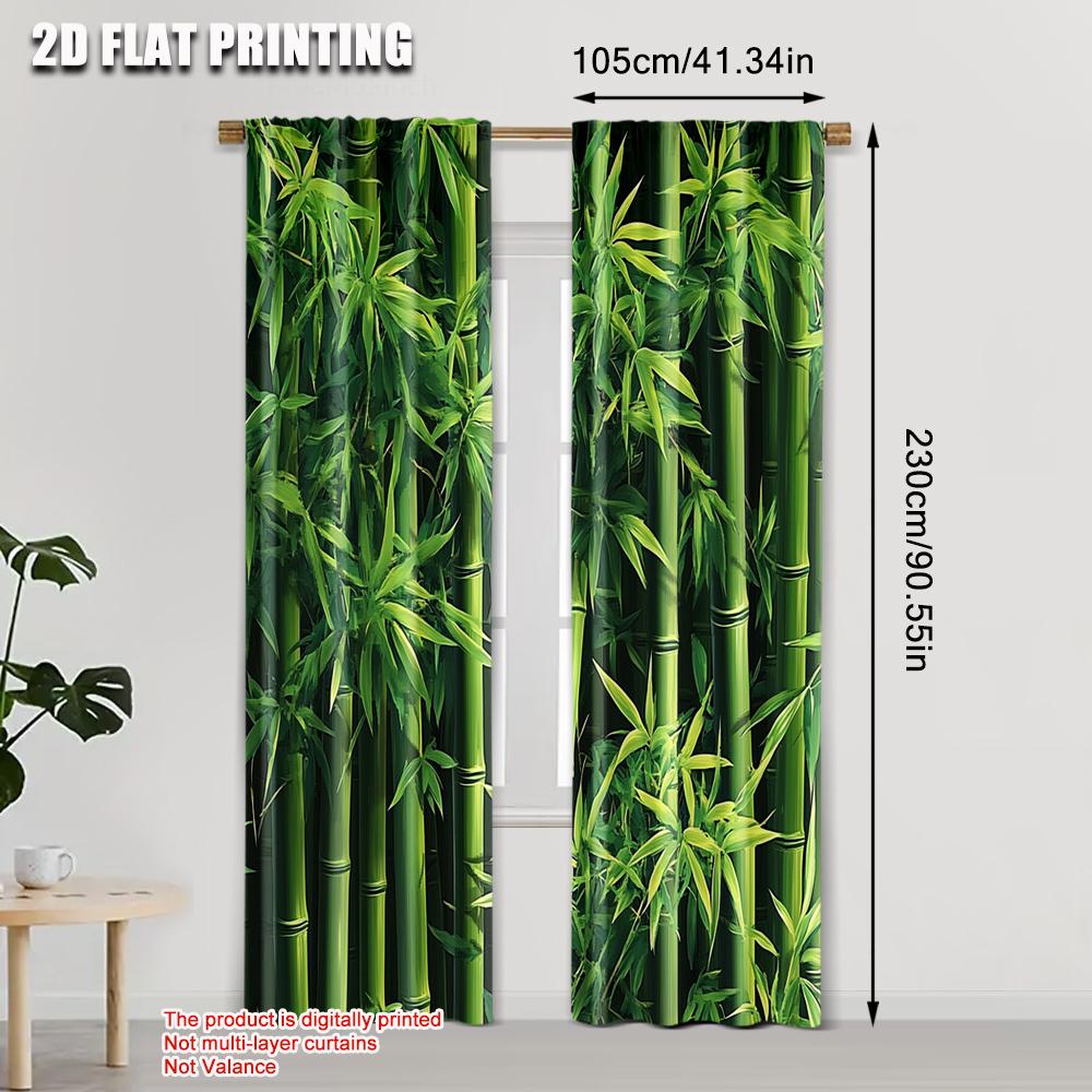 2pcs, Popular Curtains 2D print Green Bamboo (2) Versatile 100% Polyester (without rod) Versatile All for Bedroom, Office,