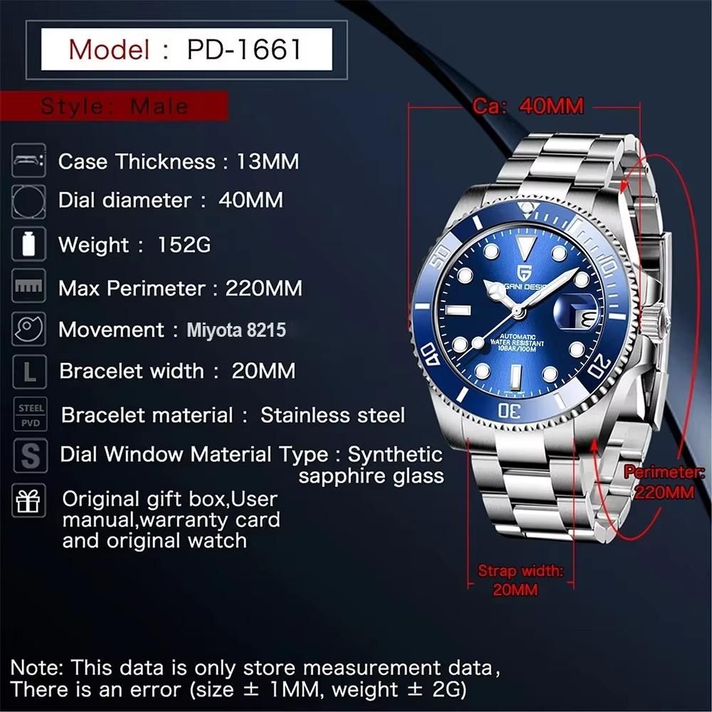 Pagani Design Męski Automatyczny Mechaniczny Zegarek PD1661 Miyota 8215 Nurkowy Stal Nierdzewna Wodoodporny Zegar Szafirowy Reloj Hombre