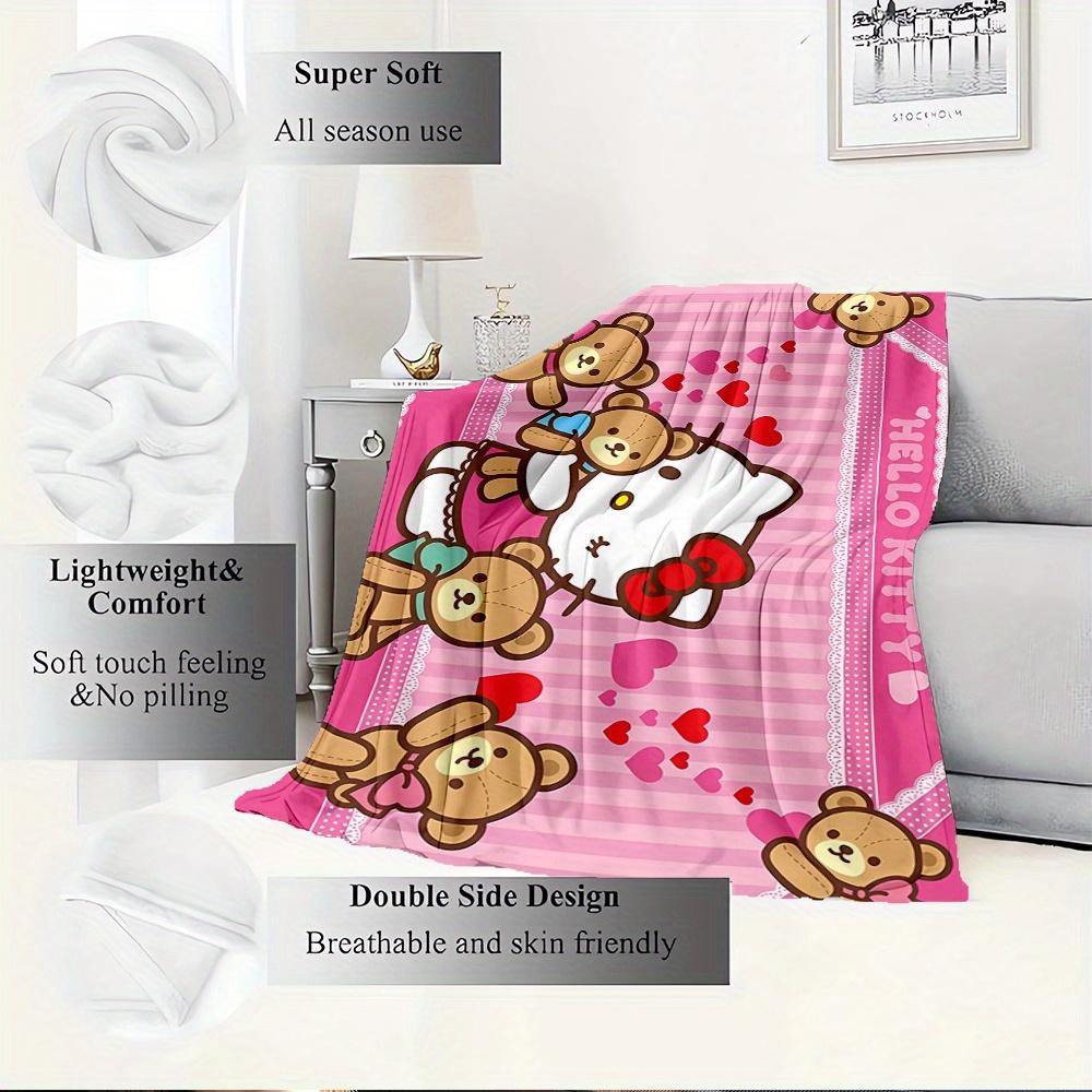 For Kitty, Teddy Bears, HeartsAnime-Themed Flannel Blanket, Glam Style, Digital Print, All-Season Comfort, Tear-Resistant, Knitted Craftsman