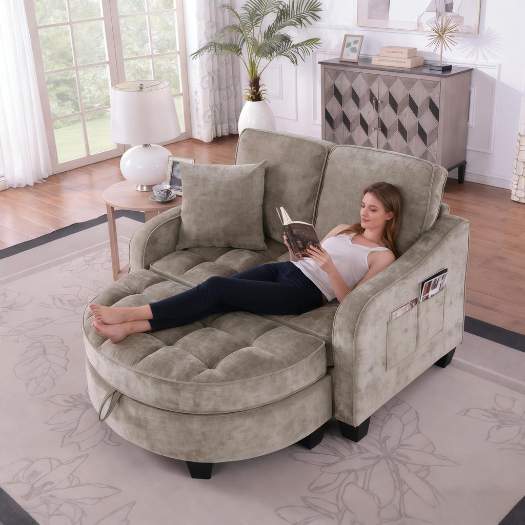 Multifunctionele Bank, 2-in-1 Slaapbank, Opberg Poef, Ademende Stof, Milieuvriendelijk Eucalyptus Hout, Kleine Woonkamer, Studeerkamer, Slaapkamer, Bruin