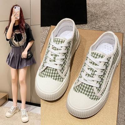 Canvas Shoes for Women  Spring New Houndstooth Round Head Biscuit Shape Shoes Lightweight Casual Sports Skate Shoes Women Mixed Batch