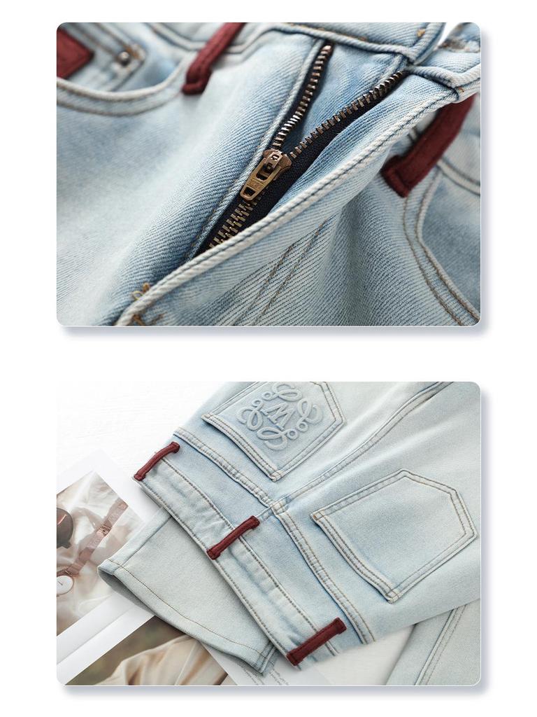 Women's Light Blue Fleece-Lined Jeans, Autumn/Winter 2024, Convertible Narrow/Wide-Leg, Retro Loose, High-Waisted, Straight-Leg Pants