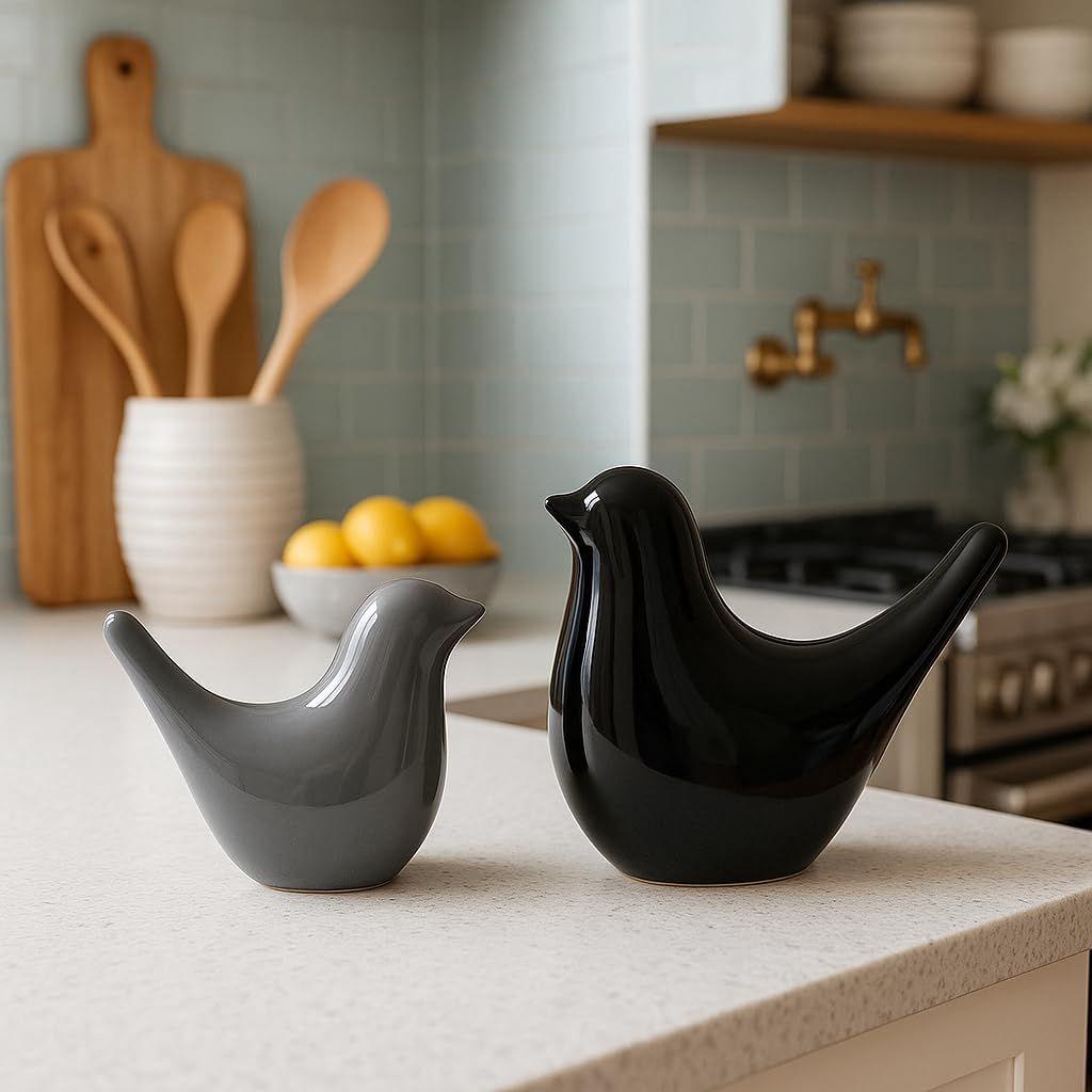 Kreatywne Czarne i Szare Błyszczące Ceramiczne Figurki Ptaków Dekoracje Domowe Akcesoria Imprezowe (Pakiet 2)