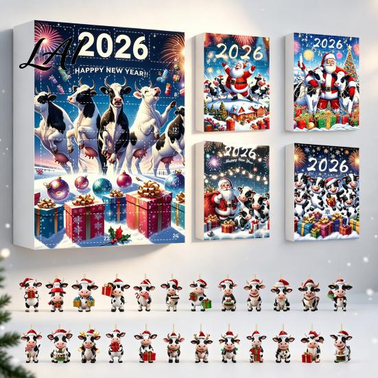 Creative Holiday Gift for Cow Lovers Christmas Ornament Advent Calendar 2026 24 Days 2D Acrylic Hanging Pendant Durable Decor Countdown Calendar Pcs