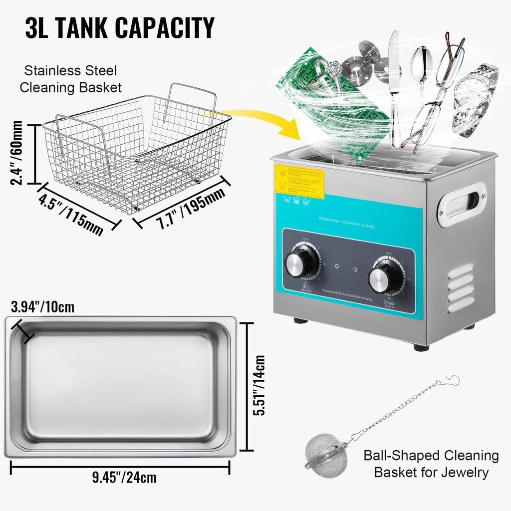 Knob Ultrasonic Cleaner 3L 40kHz Ultrasonic Cleaning Machine Knob Control Sonic Cleaner 304 Stainless Steel Ultrasonic Cleaner Machine with Heater &