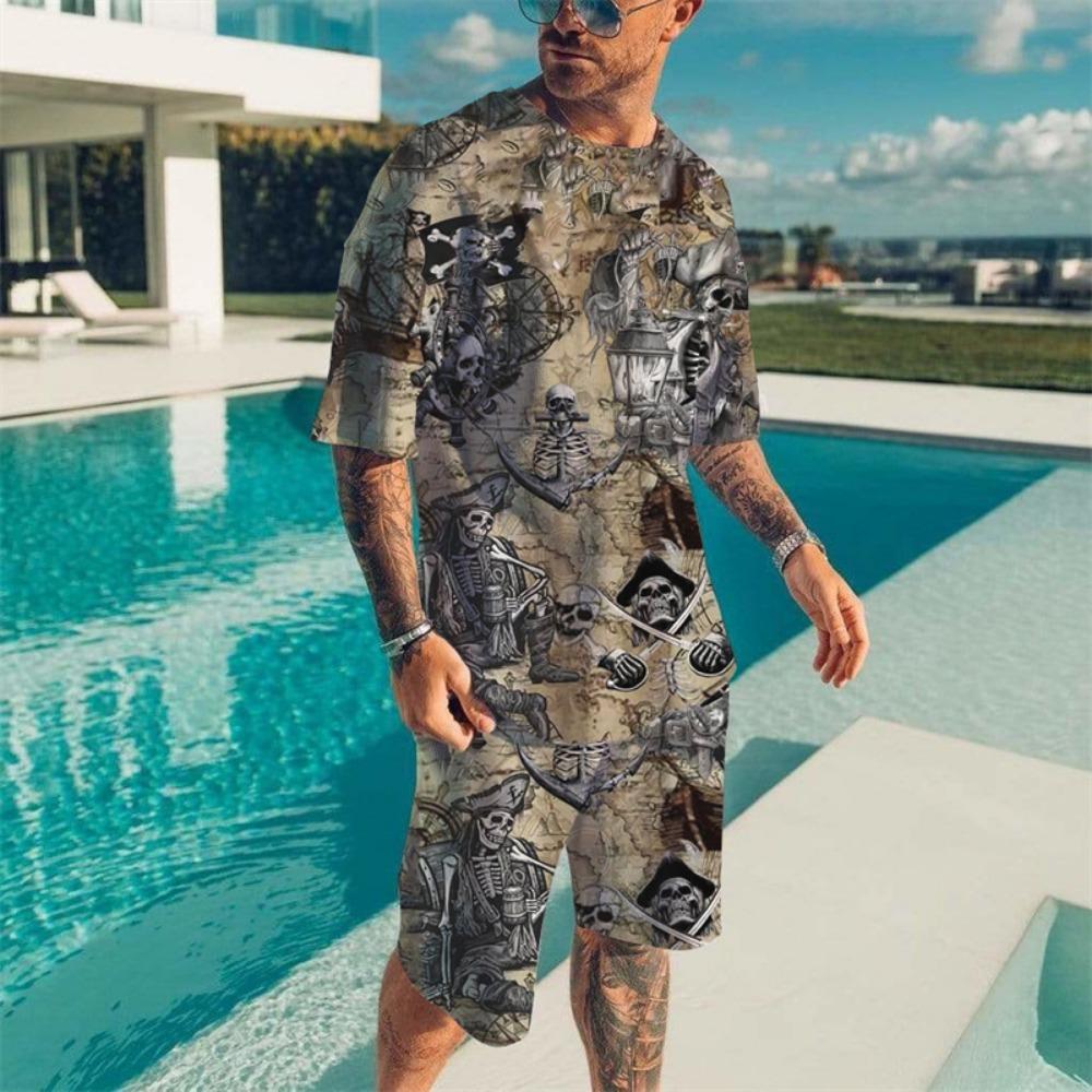 Vintage Wave Print T-shirt Set Summer Men's Beach Breathable Short Sleeve 2 Piece Set Men's Fashion Tops Set Men's Clothing