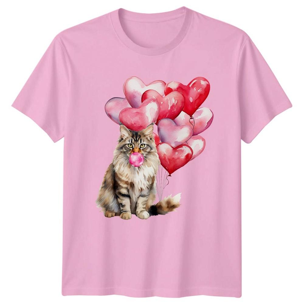 Cute Watercolor Cat Blowing Bubblegum Unisexs TShirt Cat Lover Valentines Day
