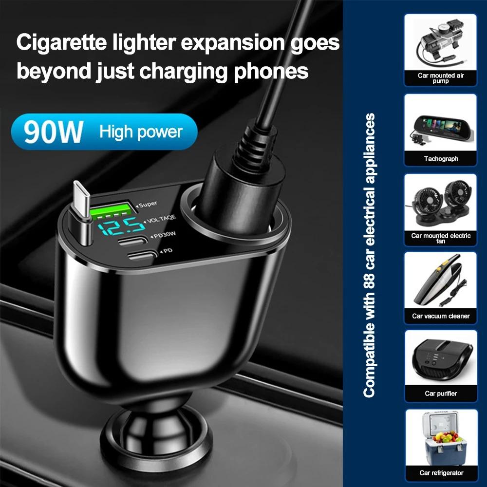 66W Car Charger with LED Display, 4-Port Fast Charging Adapter with PD30W & Type-C for iPhone Android Devices