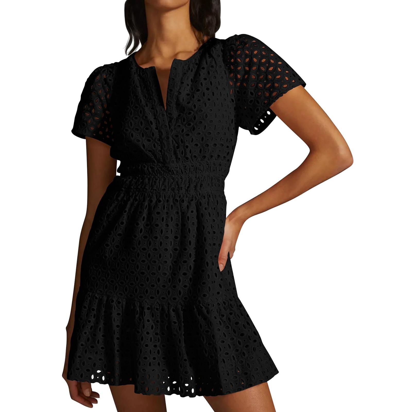 

Women s Short Sleeved Solid Color Waist Dress Vacation Seaside Dress M чорний