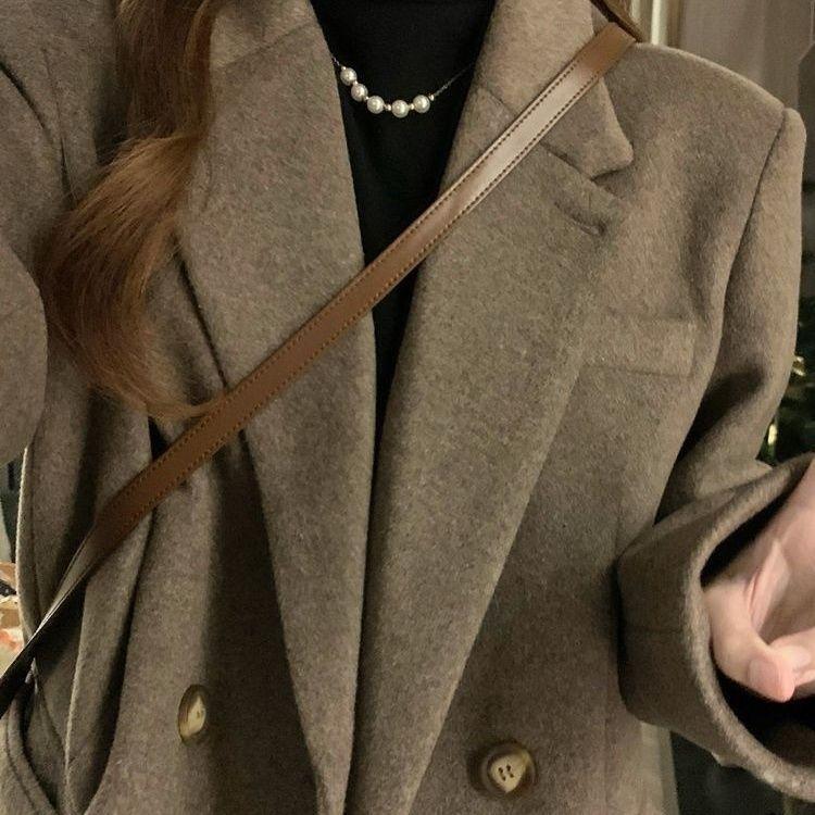 Women Office Lady Elegant Loose Retro Woolen Blazer Jacket Autumn Winter Thickened Coat Brown Korea Chic Overcoat