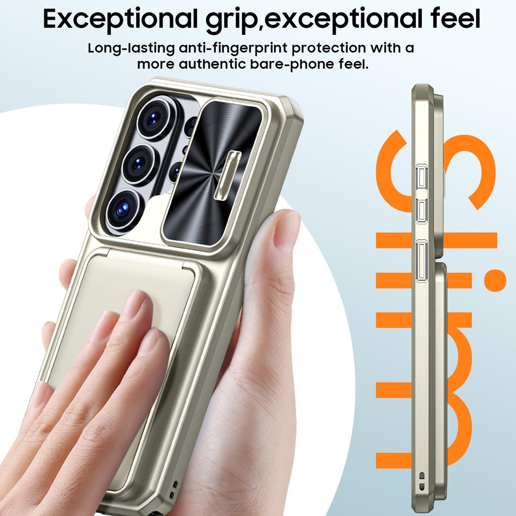 With Card Holder Sliding Camera Cover And Stand For Samsung Galaxy S26 Ultra Phone Case, Anti-Fall PC+TPU Wallet Case-Champagne