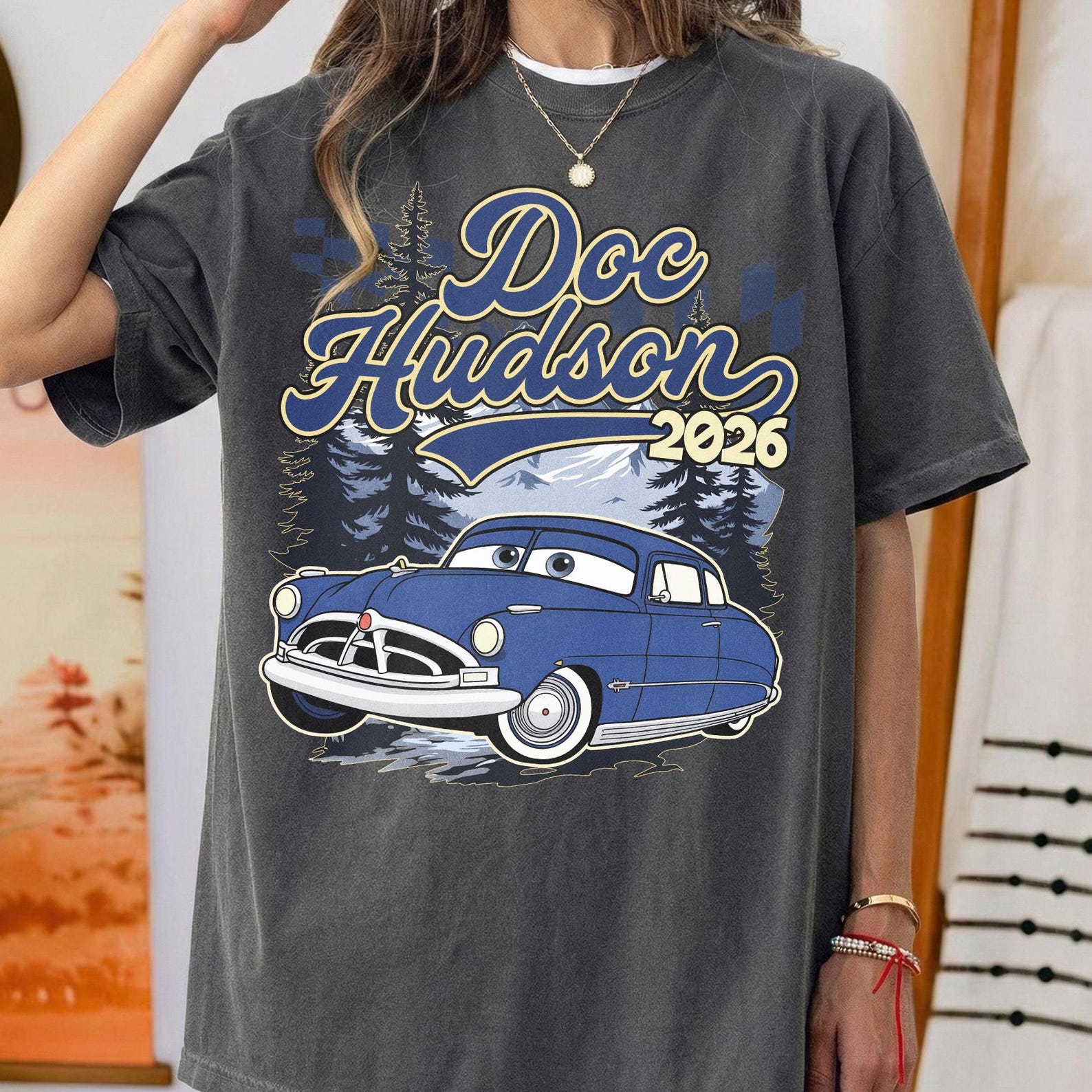 Disney Doc Hudson 51 Shirt, Retro Cars Checkered Tee, Fabulous Hudson Hornet Racing Shirt, Disney World 2026 Family Trip Gift Tee L