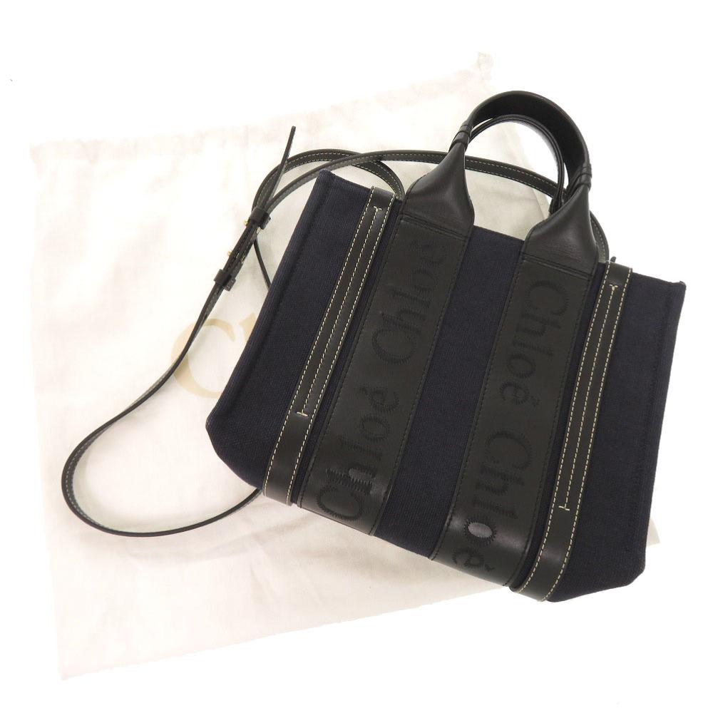 Used AUTHENTIC Chloe 2WAY Woody Small Tote Bag Hand Bag Navy/Black Leather