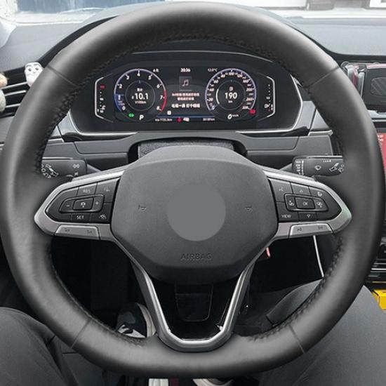 All Black Steering Wheel Sewing Leather Cover Trim For VW Golf 8 MK8