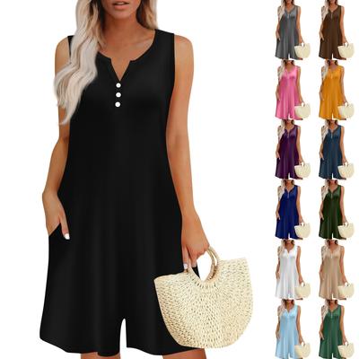 Women's Fashionable And Casual Sleeveless Button-pocket One-piece Shorts