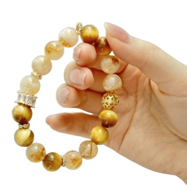 Women's Gold Tiger Eye & Yellow Crystal Bracelet - Attract Wealth, New Chinese Style, High-End Design.