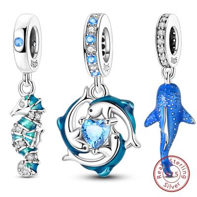 Fit Original 925 Silver Charms Beads Blue Luminous Whale Shark Seahorse Dolphin Charms For Women Fine DIY Jewelry Gifts