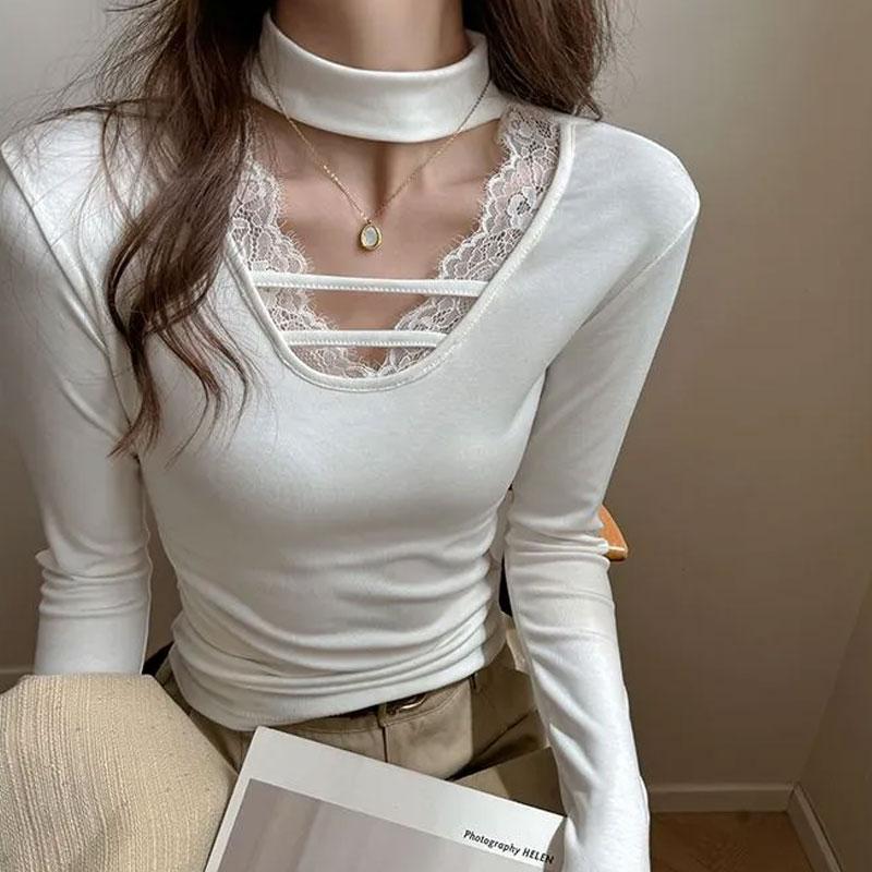 Stylish Lace Patchwork Slim Pullovers Autumn Winter Solid Color Female Clothing V-Neck Casual Long Sleeve Halter Basic T-shirts