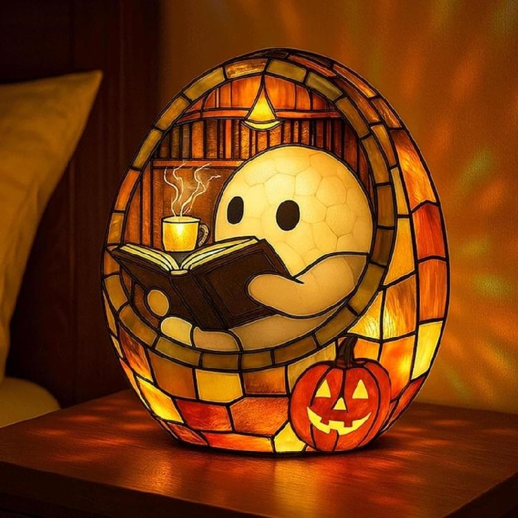 Halloween Ghostly Reading Book Statue With Warm LED Glows Resins Craft USB Desktop Light For Living Room Bedroom Decors
