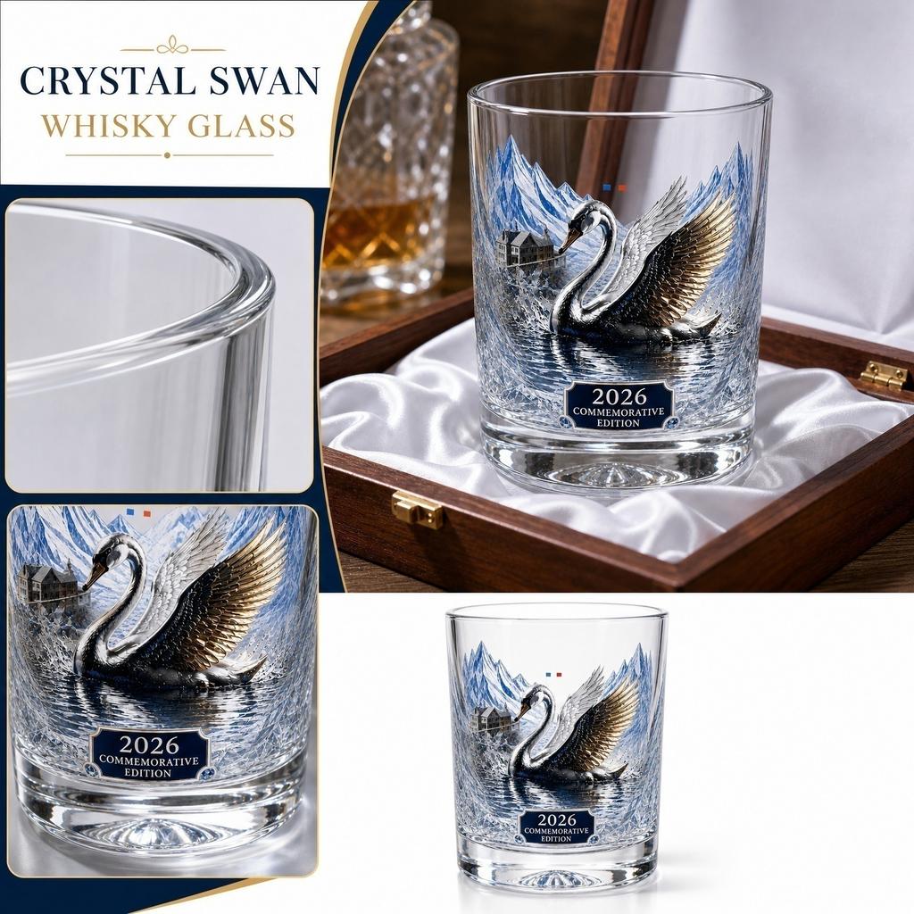 Glass Whiskey Bottle Set with Commemorative Edition Whiskey Glass Featuring Swan and Mountain Design Suitable for Collectors and Drinkware Enthusiasts