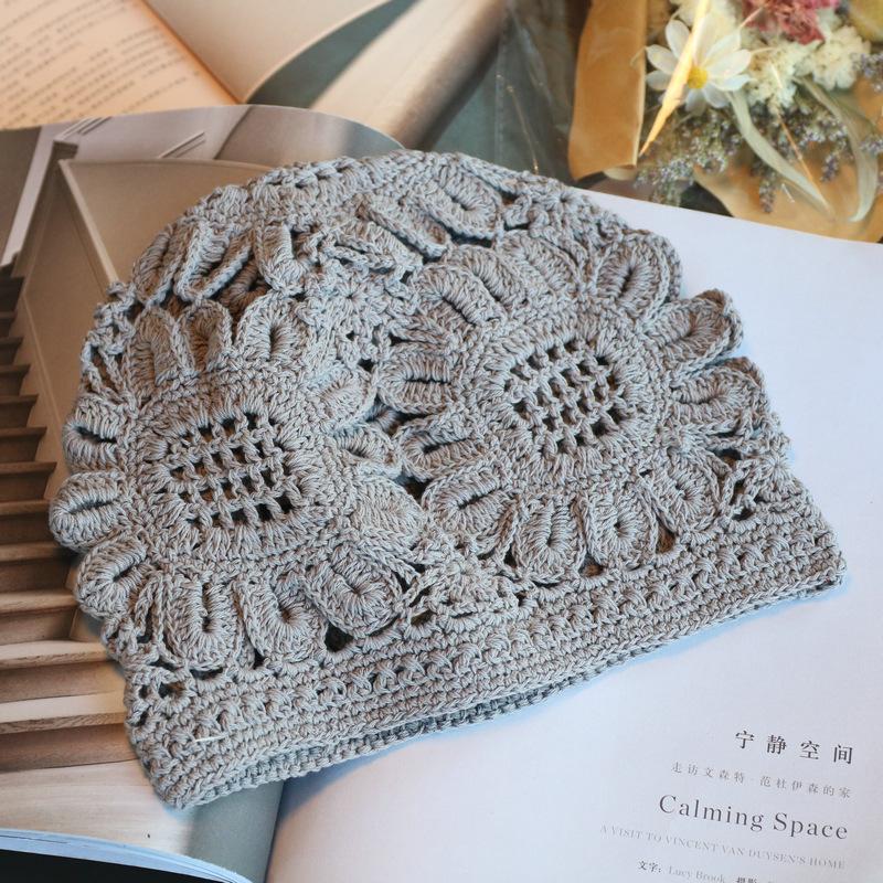 Ethnic Exotic Style Wide Hand Hook Sunflower Retro Baotou Hat Spring and Summer Hollow Cotton Thread Knitted Hat