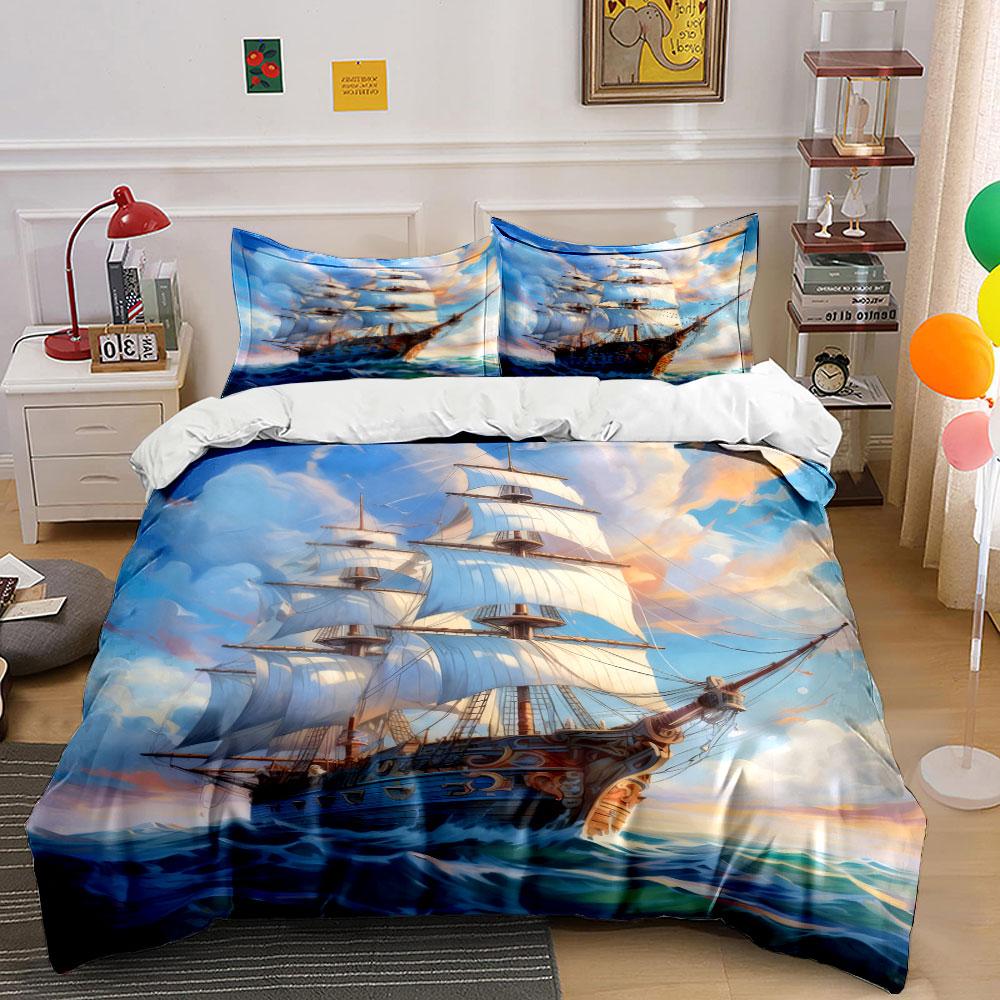 "Ocean Sailing Ship Art Set" Bedding Set with 1 Duvet Cover 2 Pillowcases Single Double King Queen, Gift