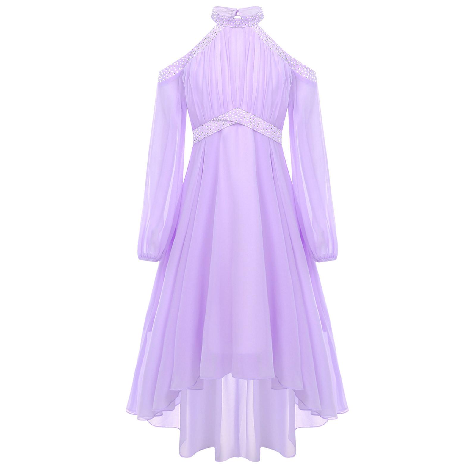 

Дівчата Елегантна Вечірня Сукня Халтер З Відкритими Плечима Довгий Рукав Висока Талія З Рюшами Нерегулярний Поділ Дизайн зі Штучними Діамантами Сукня 9-10 Years світло-фіолетового кольору