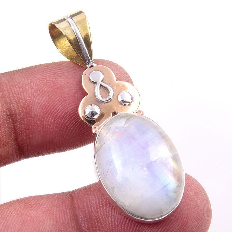 

Natural Rainbow Moonstone Gemstone 925 Solid Silver Two Tone Pendant 1.75 Y8Q50