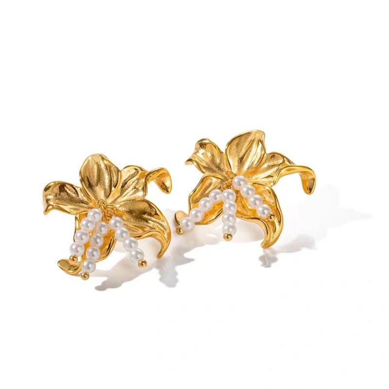 New trendy high-end gold flower pearl fringed stud earrings, sunny fashion versatile ear jewelry