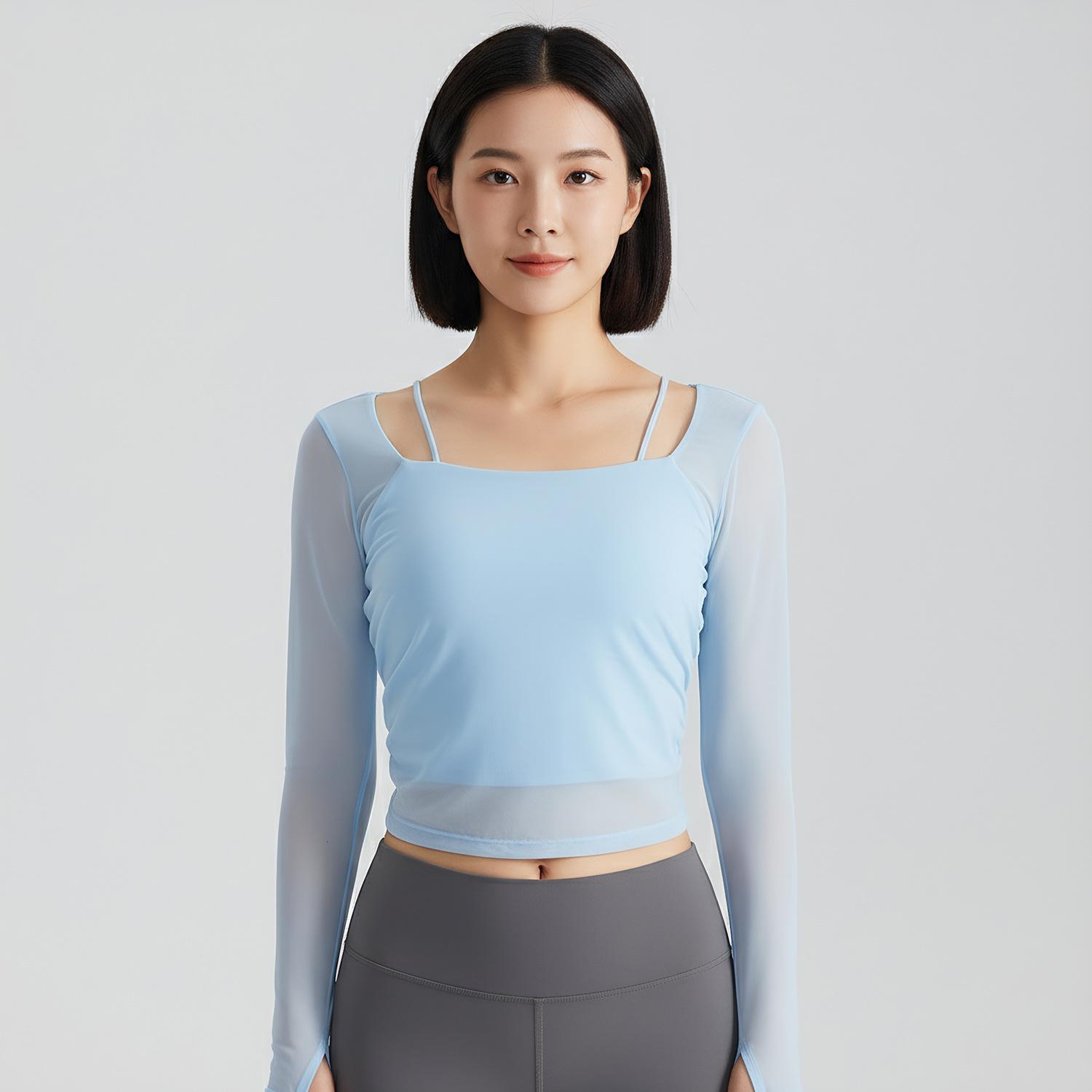 

Tight Fit Double Layer Elastic Mesh Long Sleeve for Running & Yoga Large синій