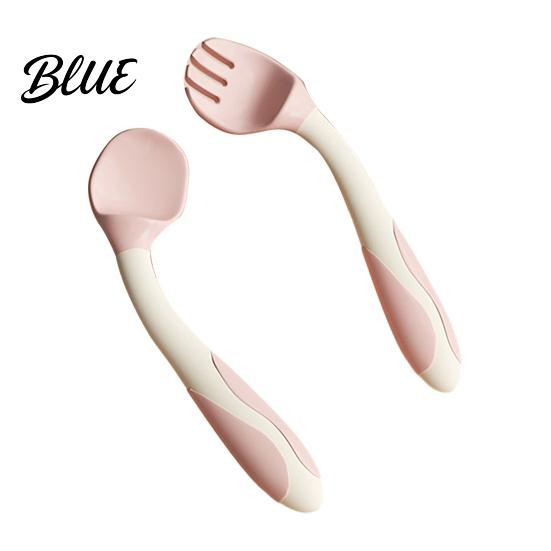 Cucchiaio per Bambini con Manico Curvo Forchetta da Allenamento e Set Utensili Flessibili Antiscivolo Bordi Arrotondati Antiscivolo Strumenti per l'Autosvezzamento/Alimentazione per Destri/Mancini