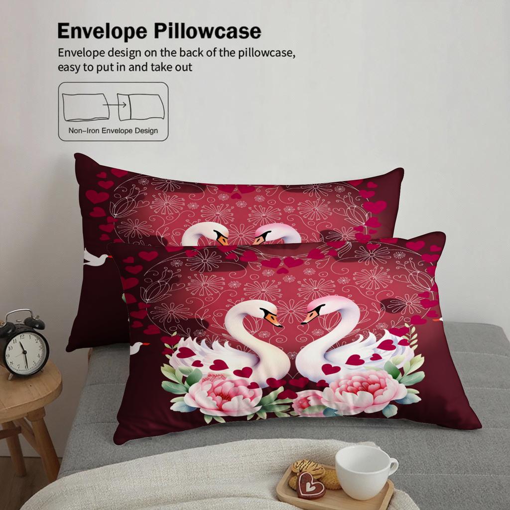 3pcs Swan Couple Bedding Sets 3D Printed Red Flora King Full Size For Couples Gifts Duvet Cover With 2 Pillowcases For Bedroom