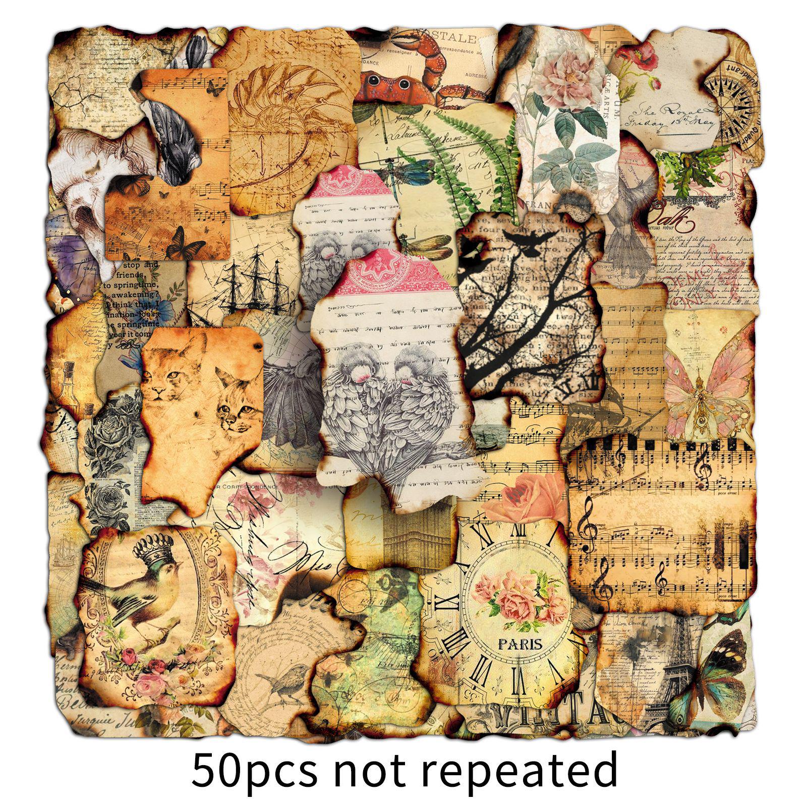 50 Sheets Retro Burn Marks Stickers for Creative Journaling and Decoration: Exquisite Guitar, Speaker, and Book Designs