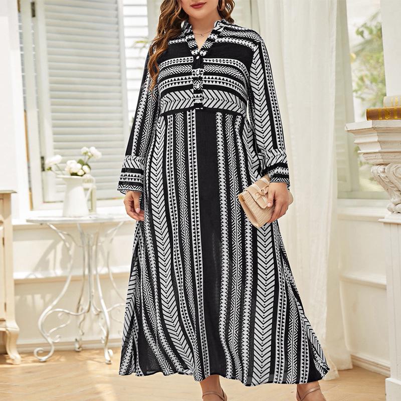 

Свободное платье-рубашка в стиле ретро с принтом в евро-американском стиле 2024 года с воротником и пуговицей на талии 3XL